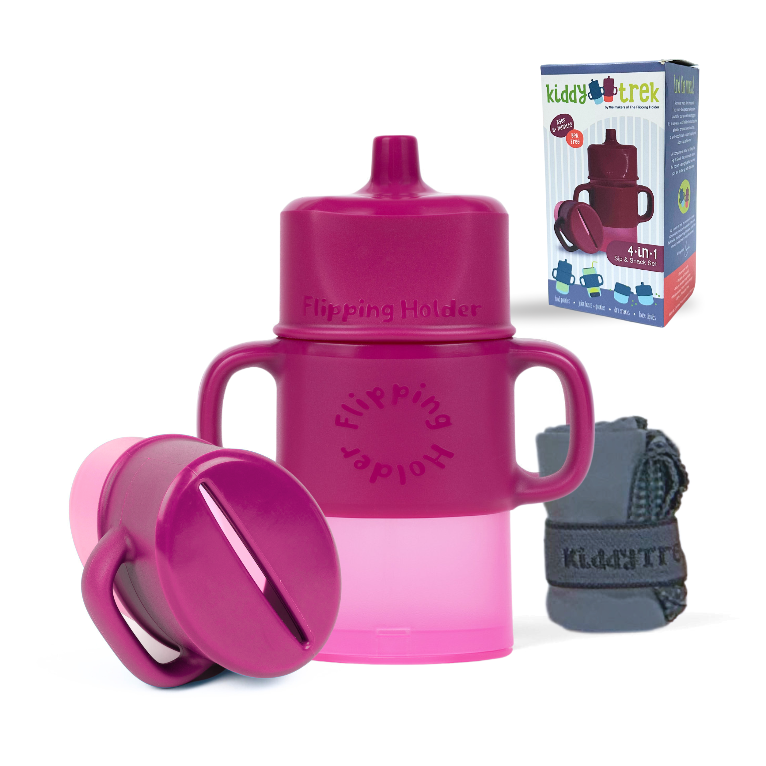 KiddyTrek 4-in-1 Sip & Snack Set - Food Pouch & Juice Box Holder, Snack Cup, Sip Cup ALL IN ONE